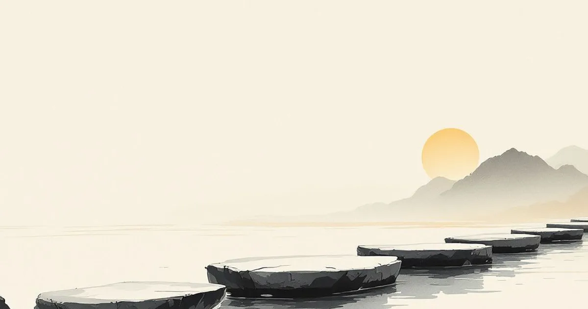 Buddhism and Social Justice: a line of flat stepping stones crossing a wide shallow river at dawn (ink-wash illustration)