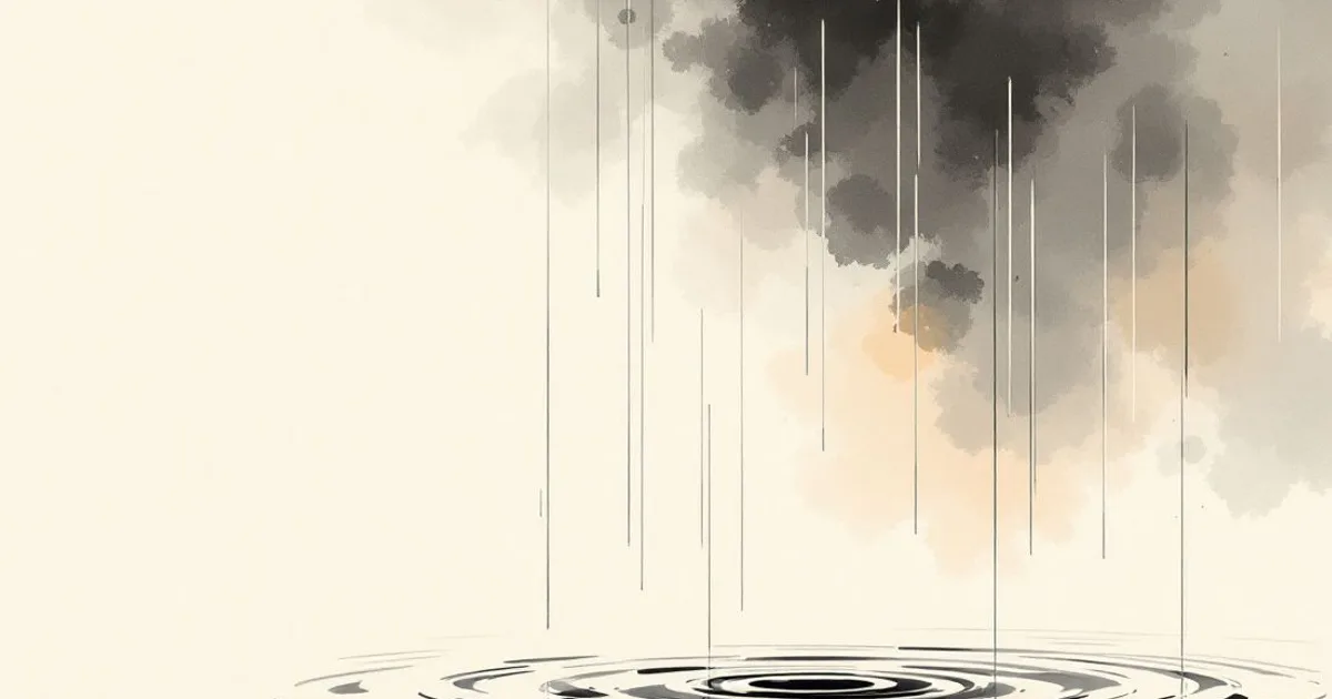Buddhism and Social Media: rain falling from a dark cloud into rings of ripples on still water (ink-wash illustration)