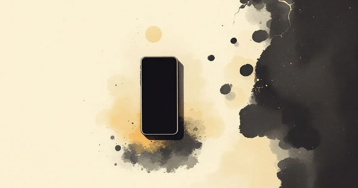 Buddhism and Technology: a smartphone with a dark screen amid splashes of ink (ink-wash illustration)