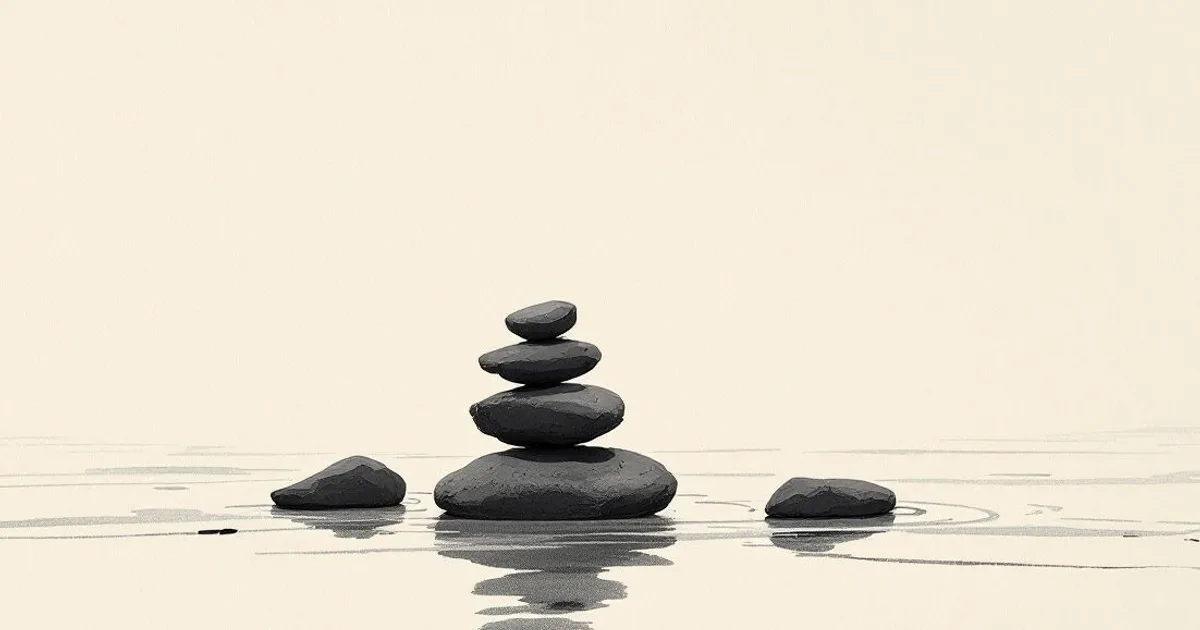 Sumi-e ink-wash illustration: a balanced cairn of smooth stones.