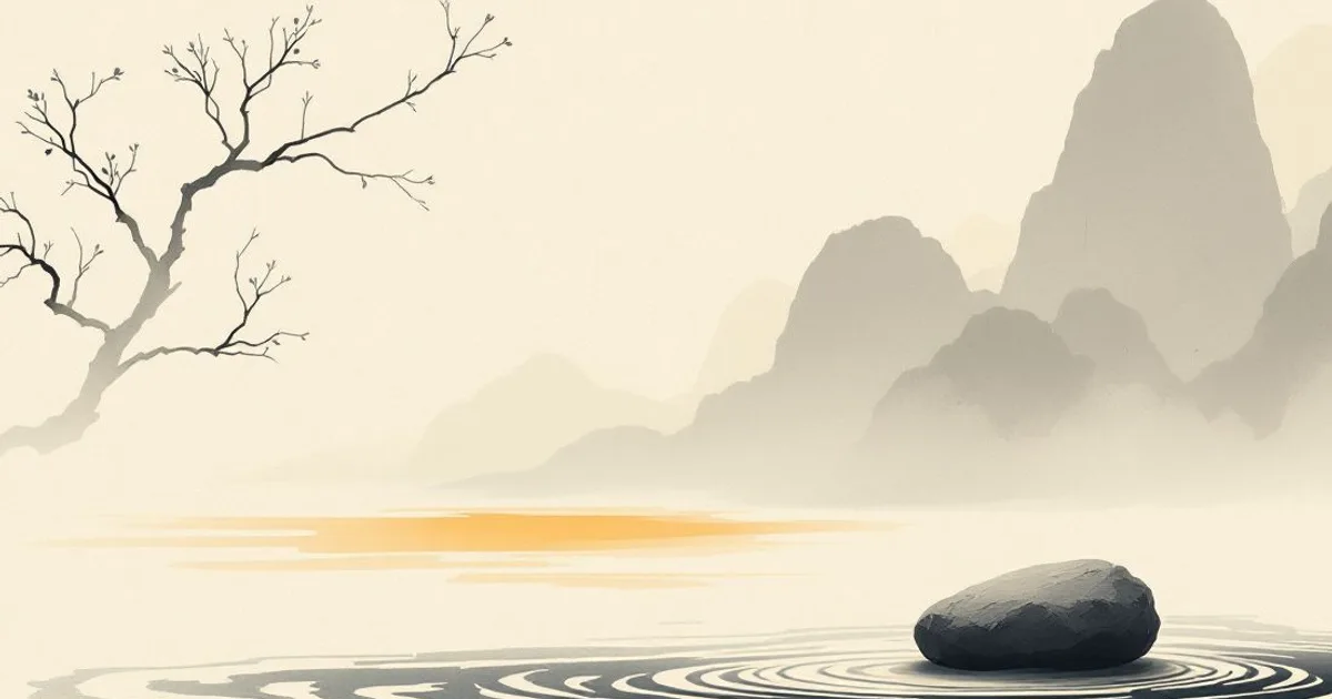 Sumi-e ink-wash illustration: a raked sand garden with one stone.