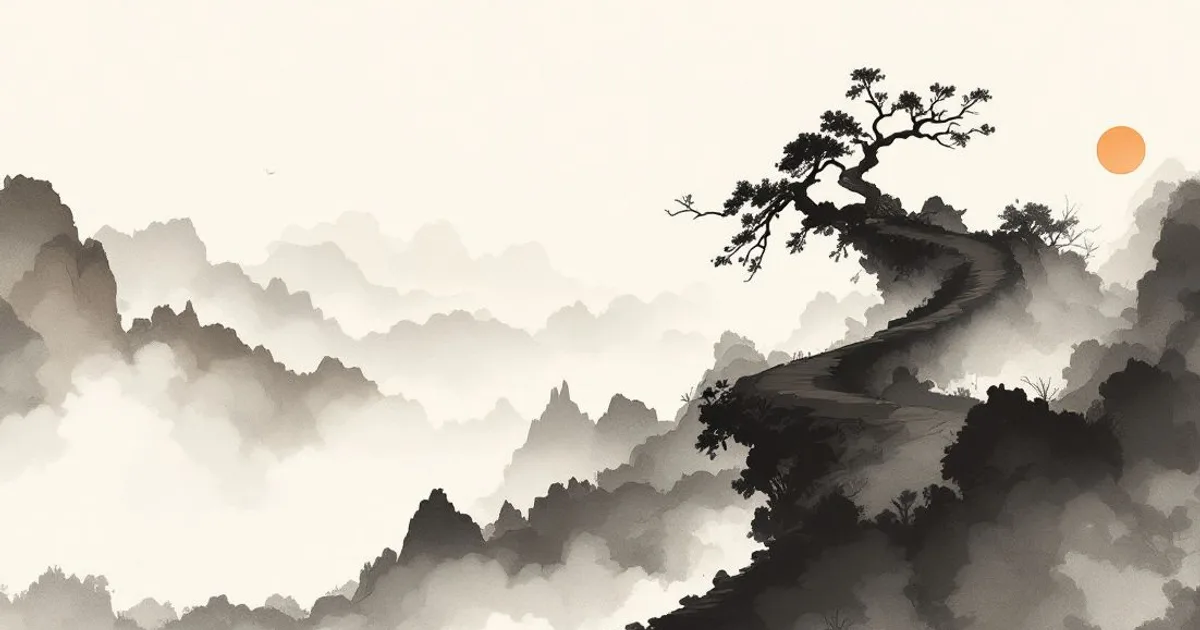 Sumi-e ink-wash illustration: a winding mountain path disappearing into cloud.