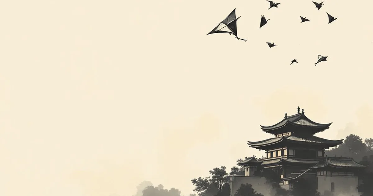 Buddhism for Kids: paper kites flying high above a temple roof (ink-wash illustration)