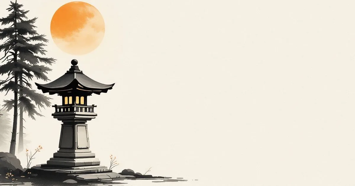 Buddhism in America: a stone lantern lit from within beside tall pines, an orange sun above (ink-wash illustration)