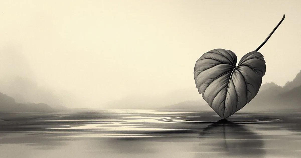 Buddhism in India: a single heart-shaped bodhi leaf on still water in soft morning light (ink-wash illustration)