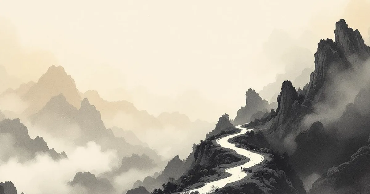 Sumi-e ink-wash illustration: a winding mountain path disappearing into cloud.