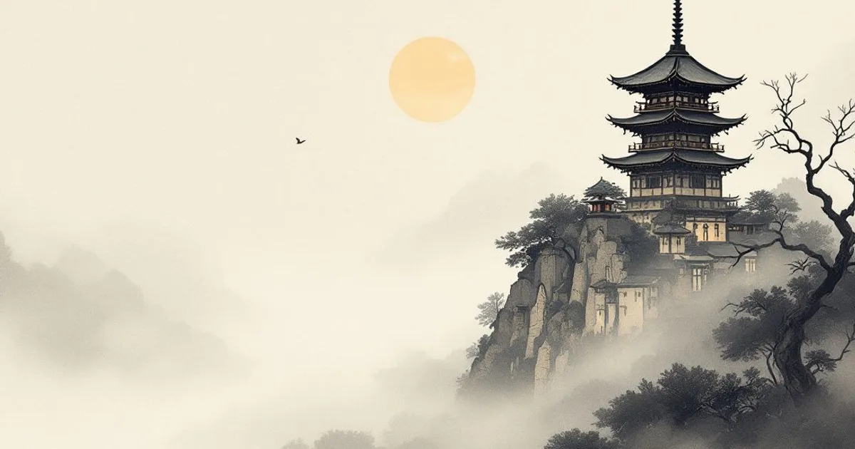 Buddhism in Singapore: a single pagoda in drifting fog (ink-wash illustration)