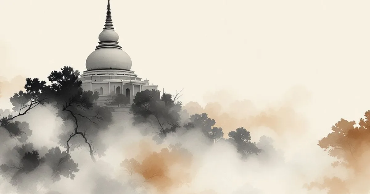Sumi-e ink-wash illustration: a white bell-shaped stupa on a wooded hill rising above soft morning mist.