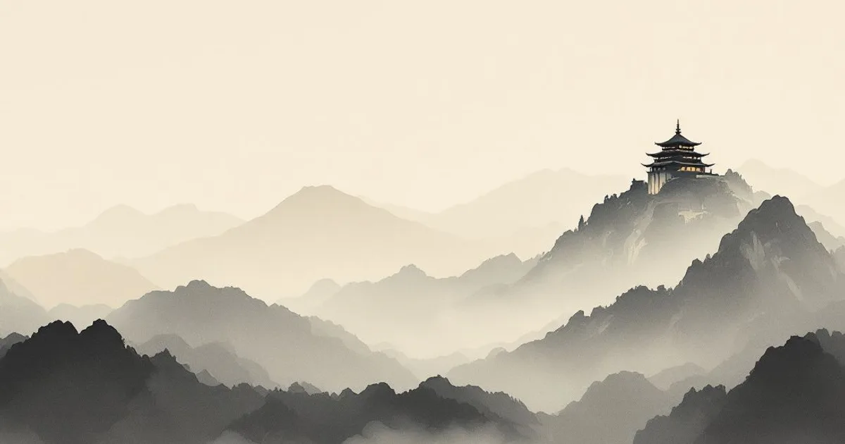 Sumi-e ink-wash illustration: distant misty mountains with a small monastery silhouette.