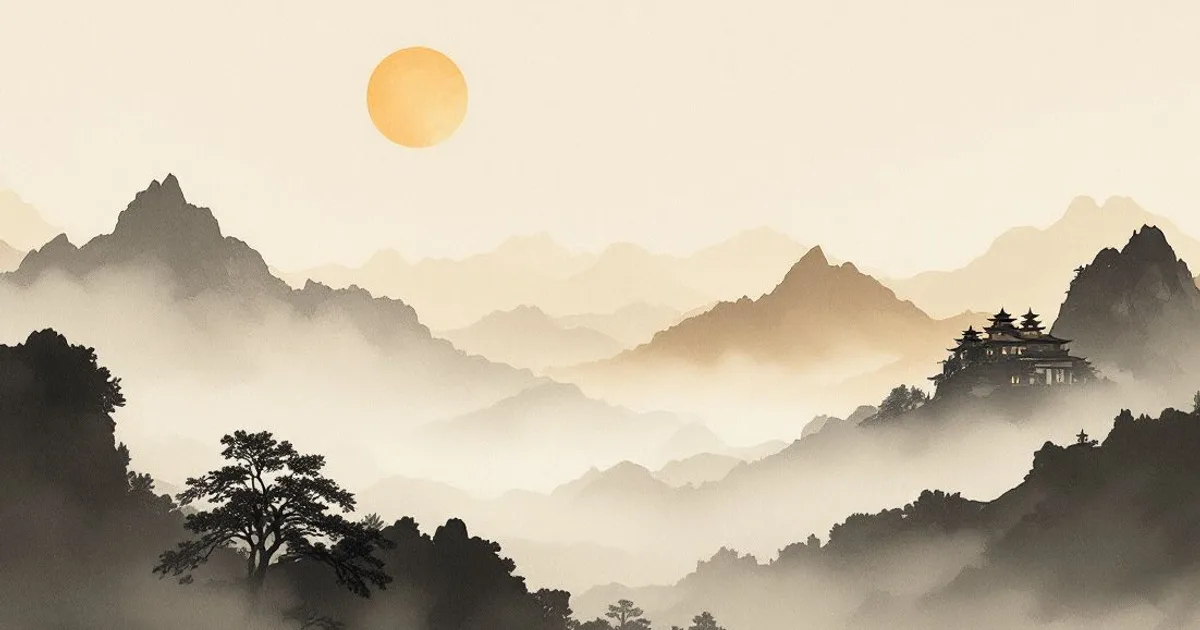 Sumi-e ink-wash illustration: distant misty mountains with a small monastery silhouette.