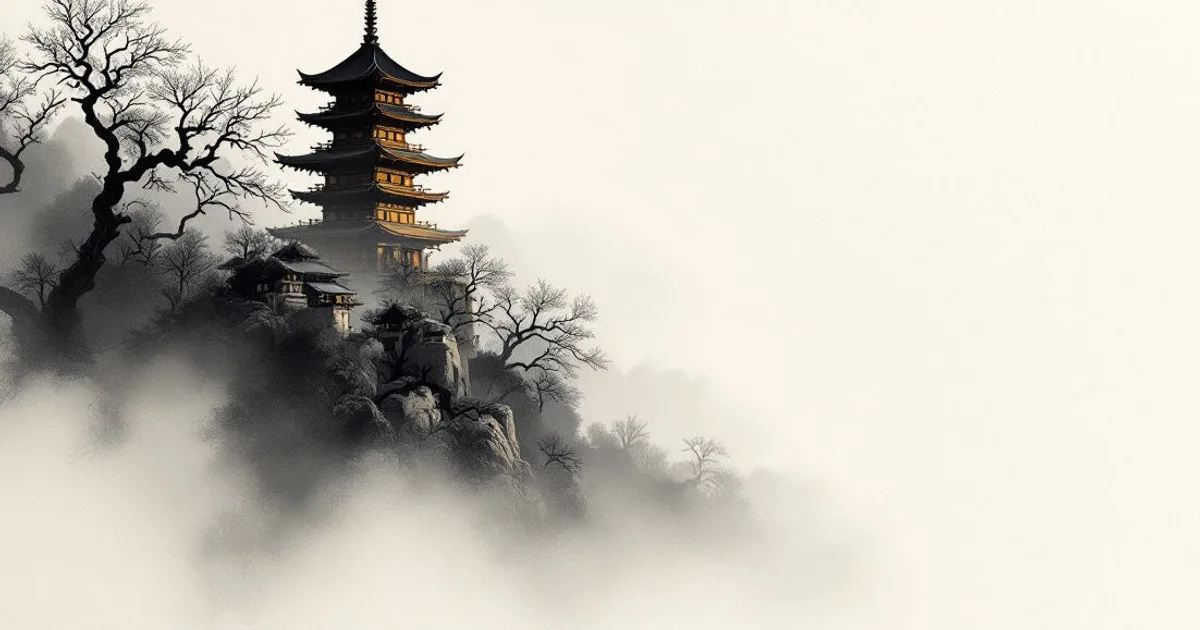 Sumi-e ink-wash illustration: a single pagoda in drifting fog.