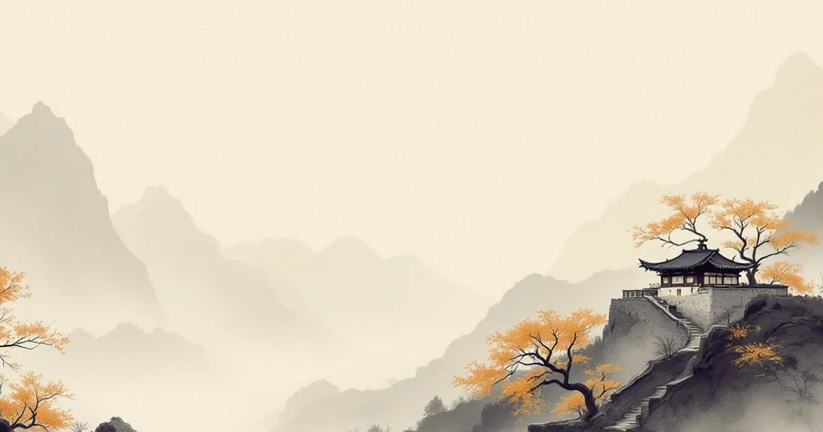 Sumi-e ink-wash illustration: a solitary mountain temple among misty peaks, with autumn trees in gold.