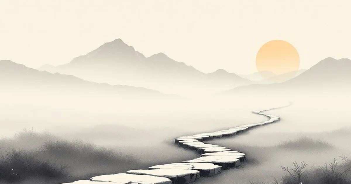 Sumi-e ink-wash illustration: a winding stone path across a misty plain toward distant mountains at sunrise.