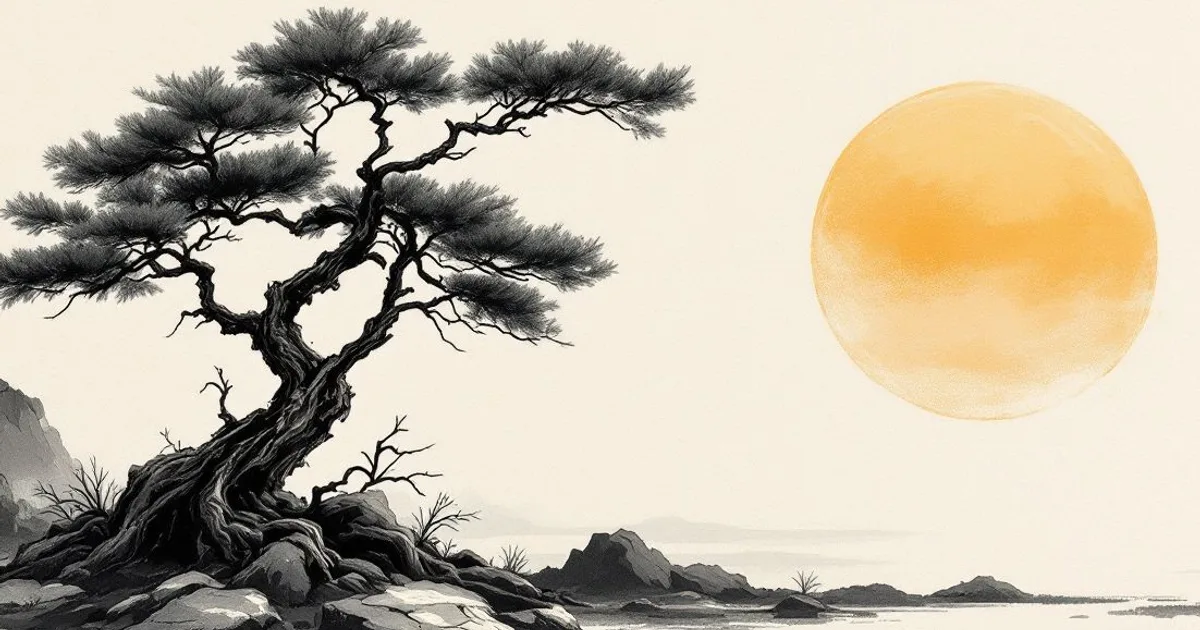 Sumi-e ink-wash illustration: a gnarled ancient pine on rocky ground beneath a soft ochre sun at dawn.
