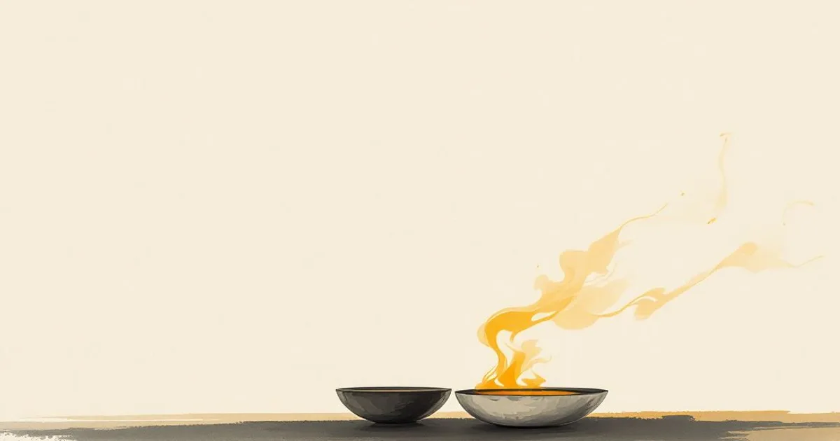 Sumi-e ink-wash illustration: two oil lamps resting together on a bare table, one alight.
