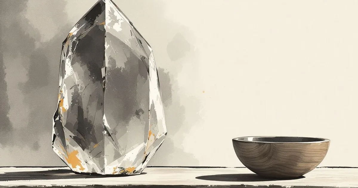 Buddhism vs New Age: a large clear crystal beside a plain wooden bowl on a bare table (ink-wash illustration)