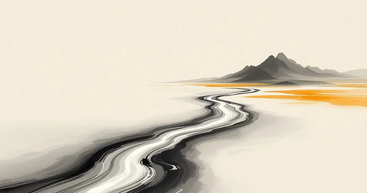 Sumi-e ink-wash illustration: two winding currents flowing side by side toward distant mountains.