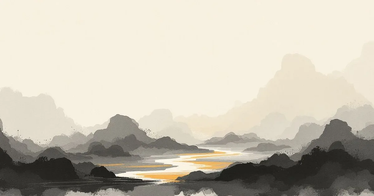 Sumi-e ink-wash illustration: two quiet streams meeting and merging.
