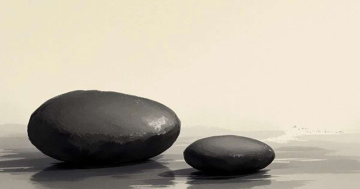 Sumi-e ink-wash illustration: two smooth stones resting side by side.