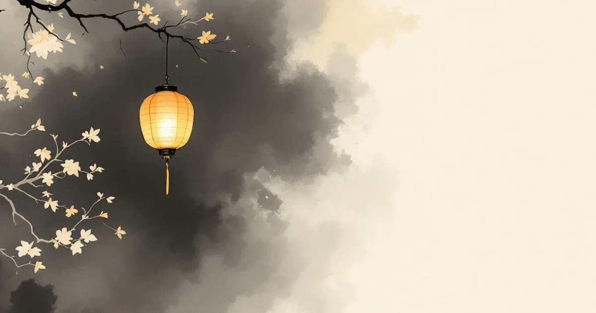 Sumi-e ink-wash illustration: a lit paper lantern marking the way.