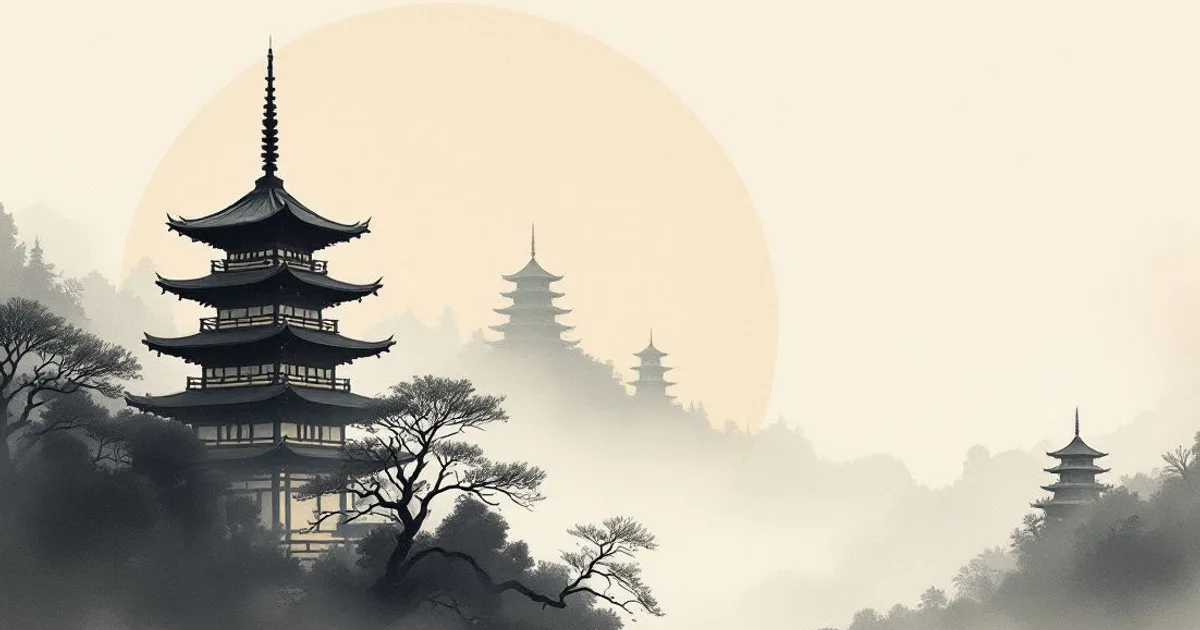 The Buddhist Calendar and Its Festivals: distant pagodas fading into mist (ink-wash illustration)
