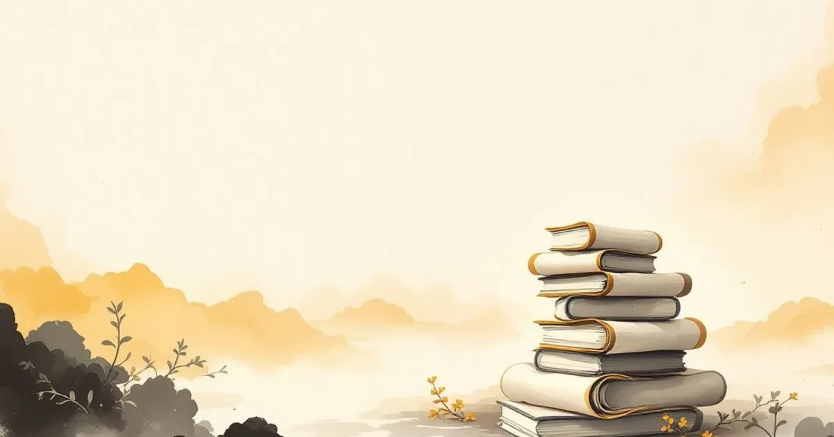 Sumi-e ink-wash illustration: a stack of sutra scrolls catching soft light.