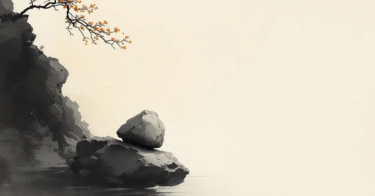 Buddhist Documentaries and Films: balanced stones at the water's edge under a flowering branch (ink-wash illustration)