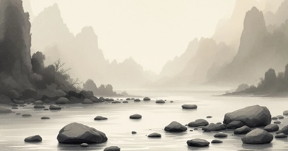 Sumi-e ink-wash illustration: a clear stream flowing over smooth stones.