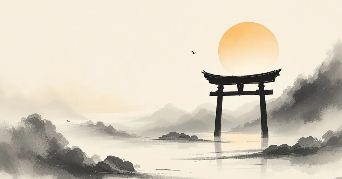 Sumi-e ink-wash illustration: an open wooden gate at dawn.