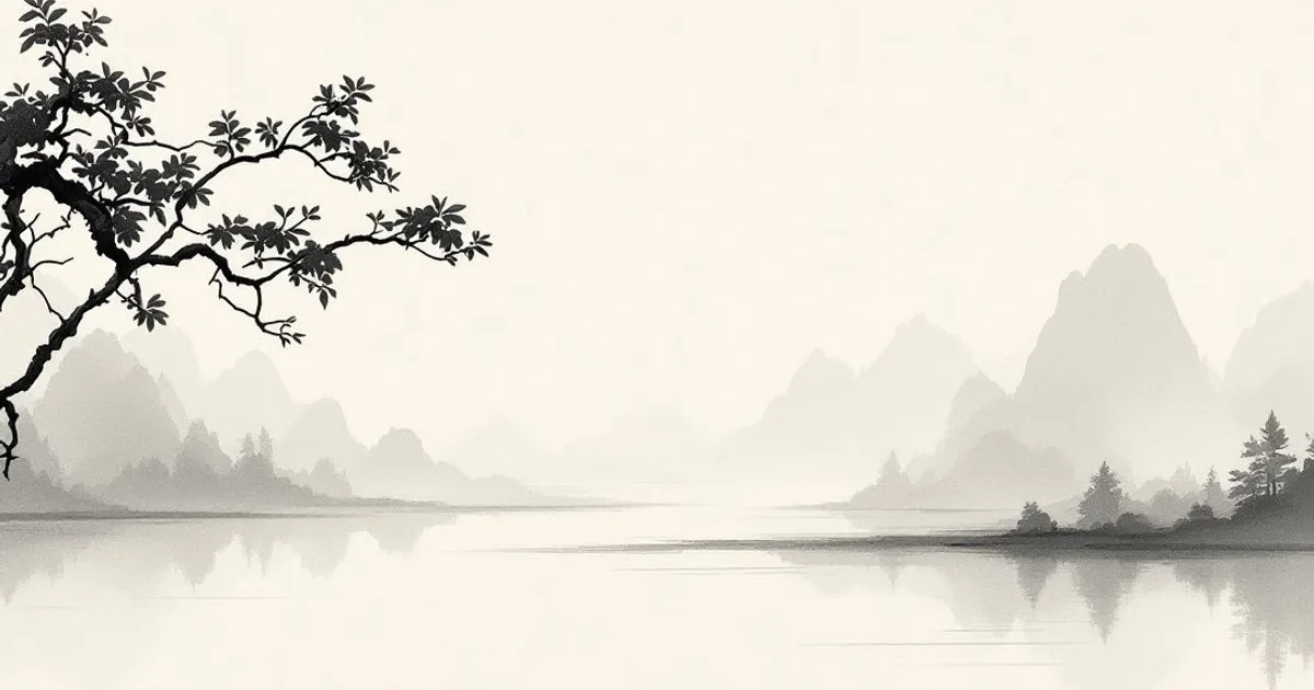 Sumi-e ink-wash illustration: mist drifting over quiet water.