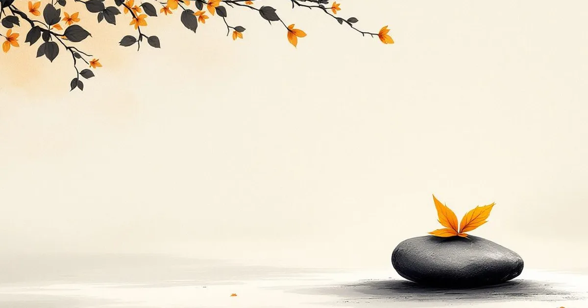 Sumi-e ink-wash illustration: an open book resting on a stone, a single leaf upon the page.