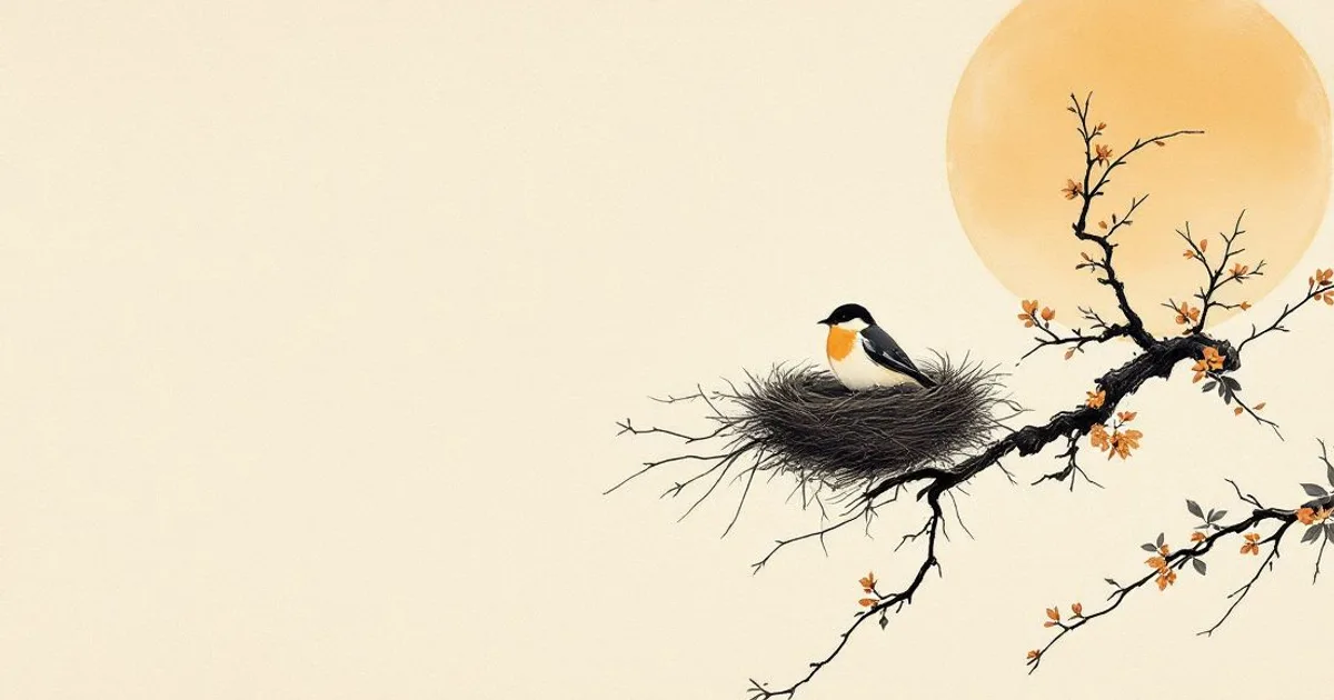 Buddhist Parenting: a small bird sitting on its nest on a blossoming branch, a pale sun behind (ink-wash illustration)