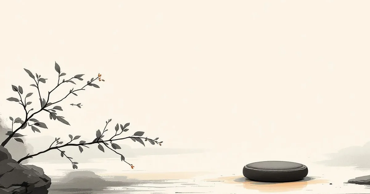 Sumi-e ink-wash illustration: a single meditation cushion in an empty room.
