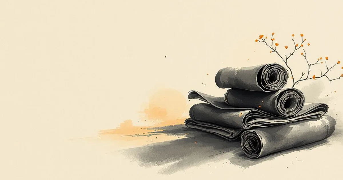 Sumi-e ink-wash illustration: a stack of sutra scrolls catching soft light.
