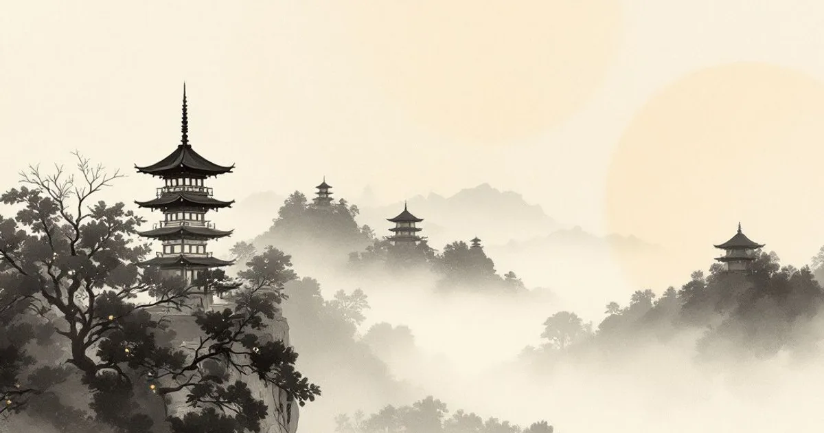 Sumi-e ink-wash illustration: distant pagodas fading into mist.
