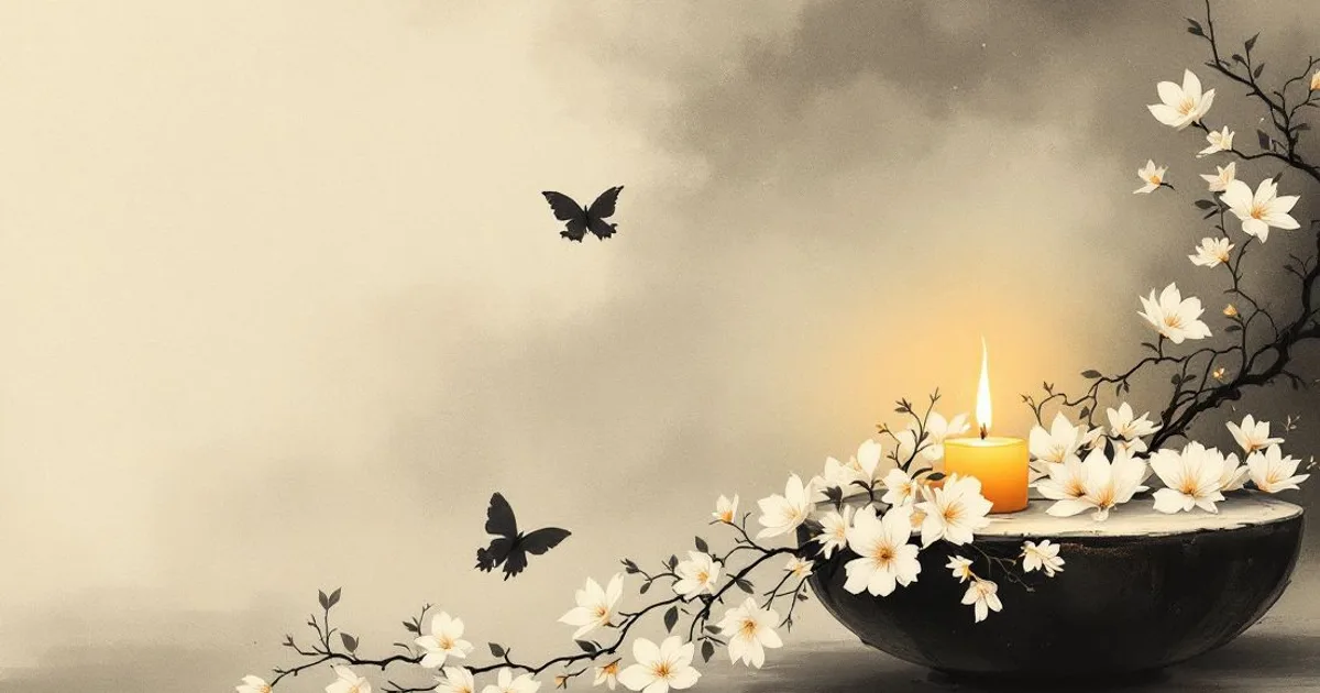 Buddhist Weddings: a lit candle among white blossoms on a dark stone bowl, two butterflies above (ink-wash illustration)