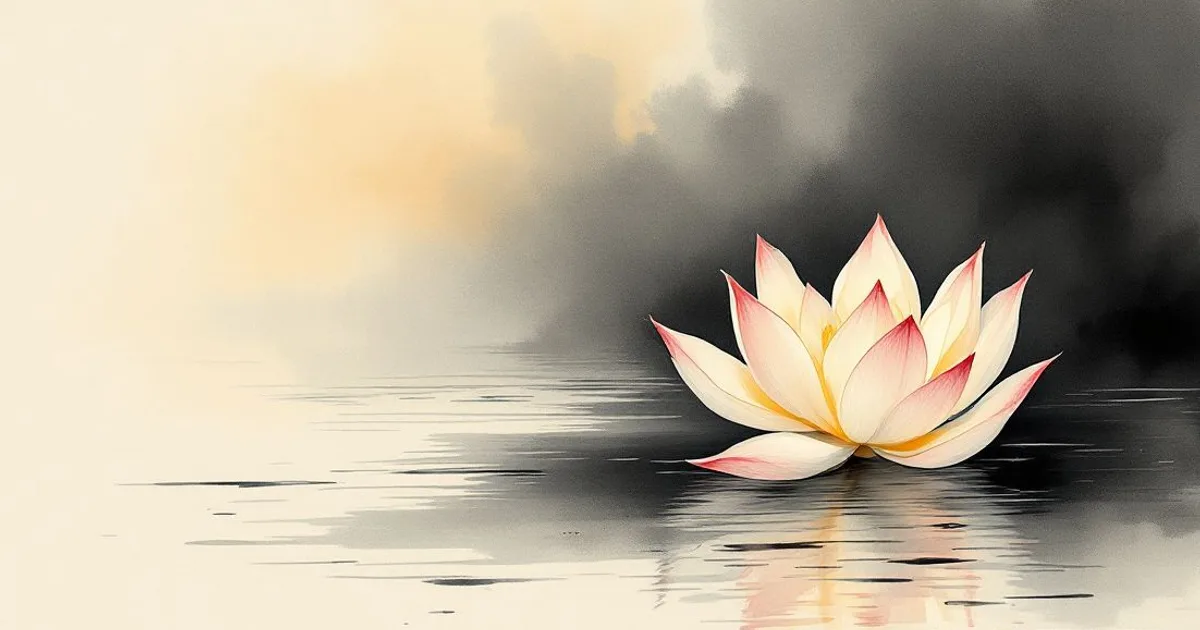Sumi-e ink-wash illustration: a single lotus opening fully on still water in clear soft light.