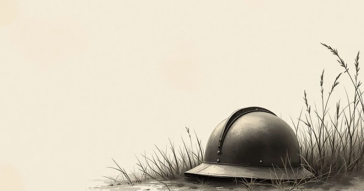 Can Buddhists Be Soldiers: a plain iron helmet set down among tall grass (ink-wash illustration)