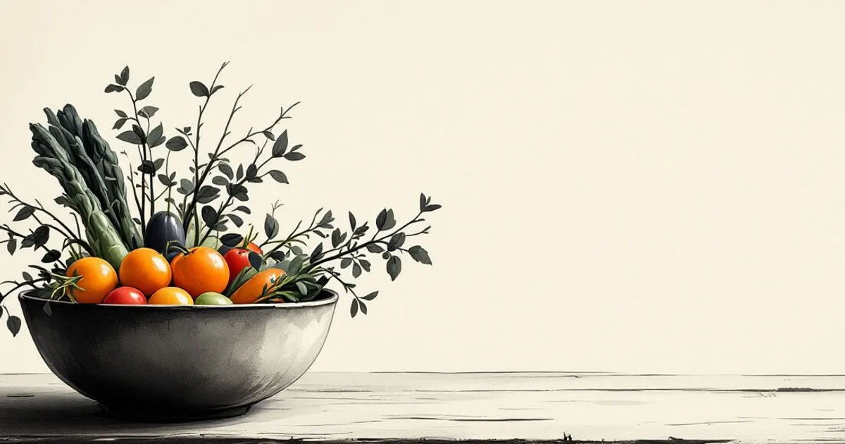 Sumi-e ink-wash illustration: a simple bowl of fresh garden vegetables on a bare wooden table.