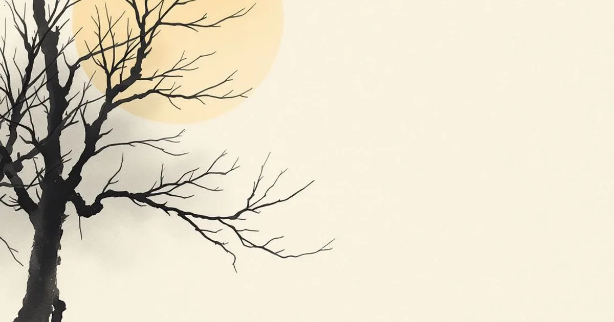 Sumi-e ink-wash illustration: a bare, gnarled tree silhouetted against a pale moon in soft mist at dusk.