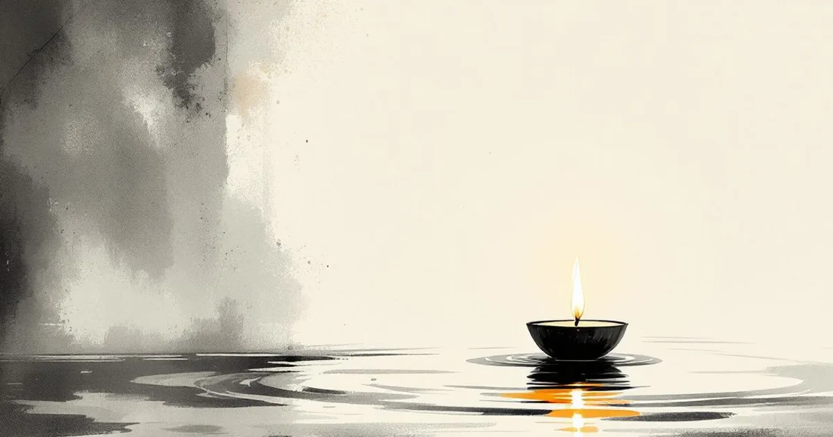 Can Buddhists Celebrate Birthdays: a lit floating lamp on still water (ink-wash illustration)