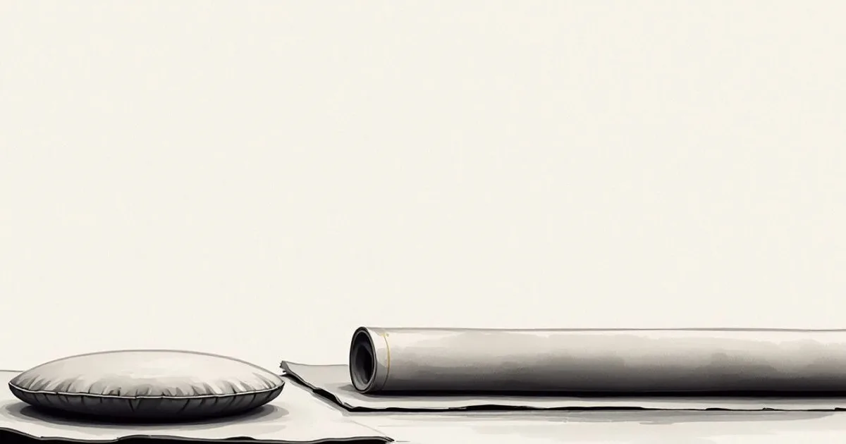 Can Buddhists Do Yoga: a meditation cushion beside a rolled mat (ink-wash illustration)