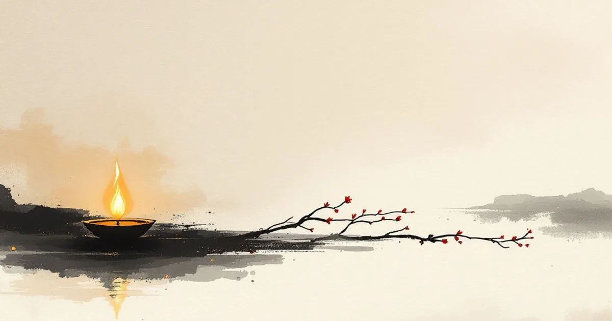 Sumi-e ink-wash illustration: a single warm oil lamp glowing steadily, its light spreading into soft darkness.