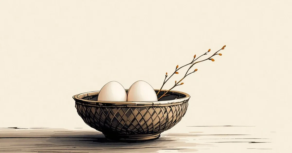Sumi-e ink-wash illustration: eggs resting in a simple woven bowl on a bare wooden table.