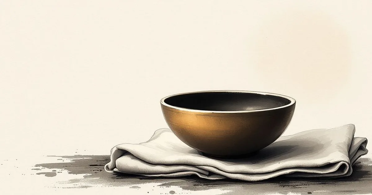 Sumi-e ink-wash illustration: a simple empty alms bowl resting on a folded cloth in soft morning light.
