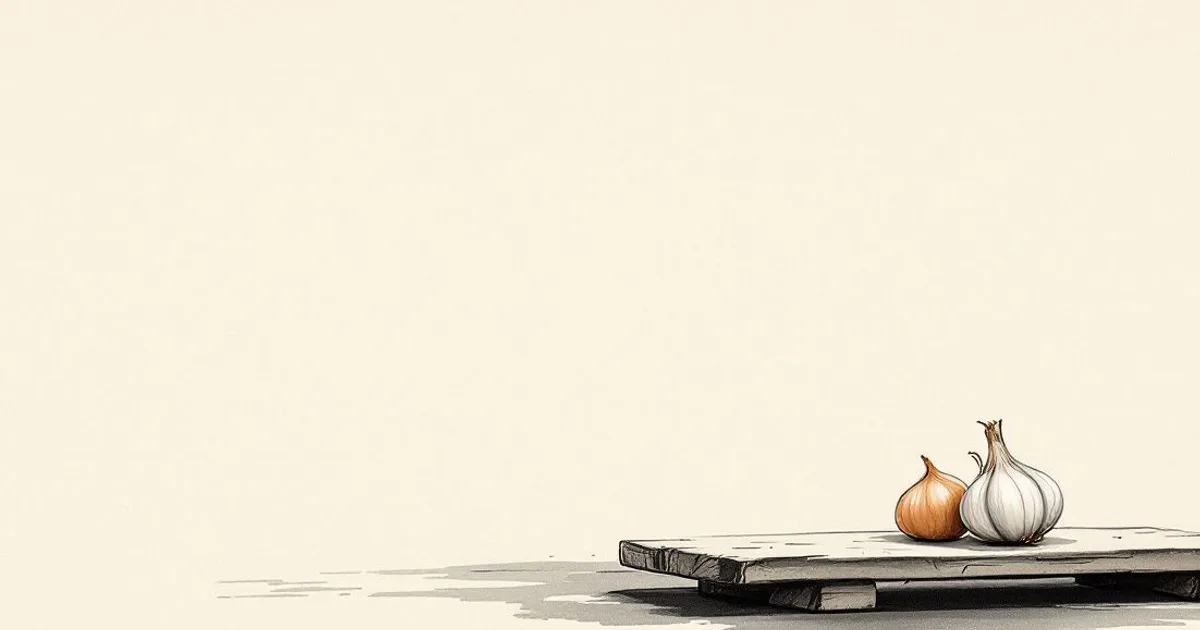 Sumi-e ink-wash illustration: bulbs of garlic and an onion resting on a bare wooden board.