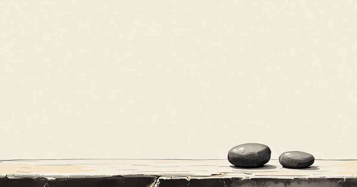 Can Buddhists Gamble: two smooth stones resting apart on a stone ledge (ink-wash illustration)