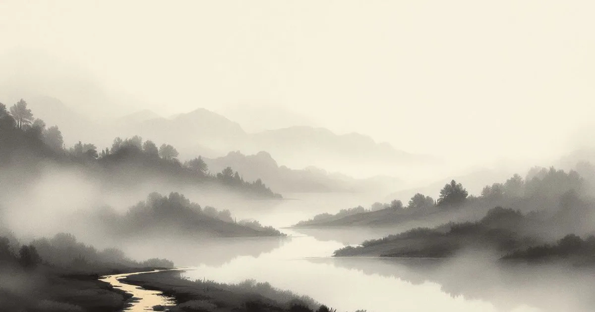 Sumi-e ink-wash illustration: a lone winding path through a soft, misty river valley at dawn.