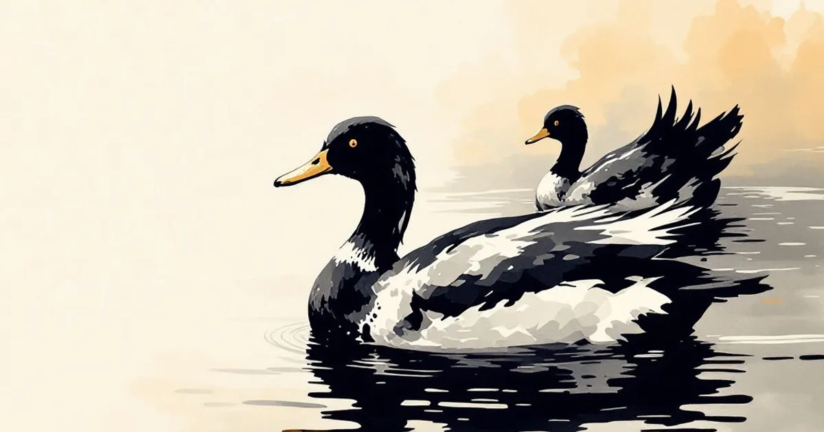 Sumi-e ink-wash illustration: a pair of ducks gliding together on calm water.