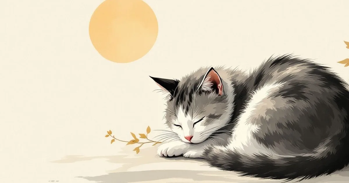 Sumi-e ink-wash illustration: a cat curled peacefully asleep in a warm pool of morning light.
